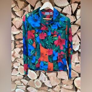 Chico's 100% Silk Women’s Small Tropical Floral Button-Up Shirt Beach Yatch Club